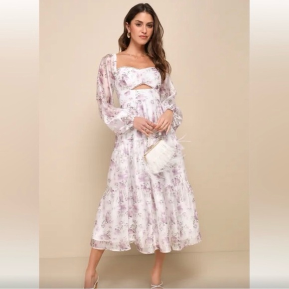 Lulu’s Radiant Afternoon Ivory Floral Cutout Tiered Midi Dress Sz: XL - Picture 2 of 9